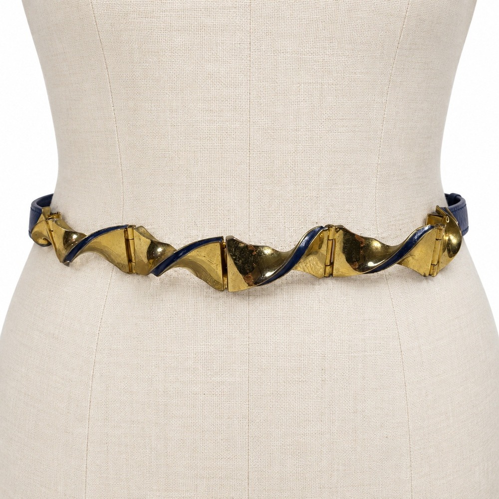 Judith Leiber Sculptural Wave Link Belt S Navy Leather Gold Tone Vintage
